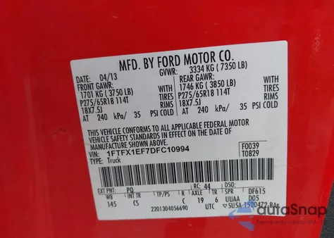 2013 Ford F-150 Stx из США, поврежденный, VIN 1FTFX1EF7DFC10994